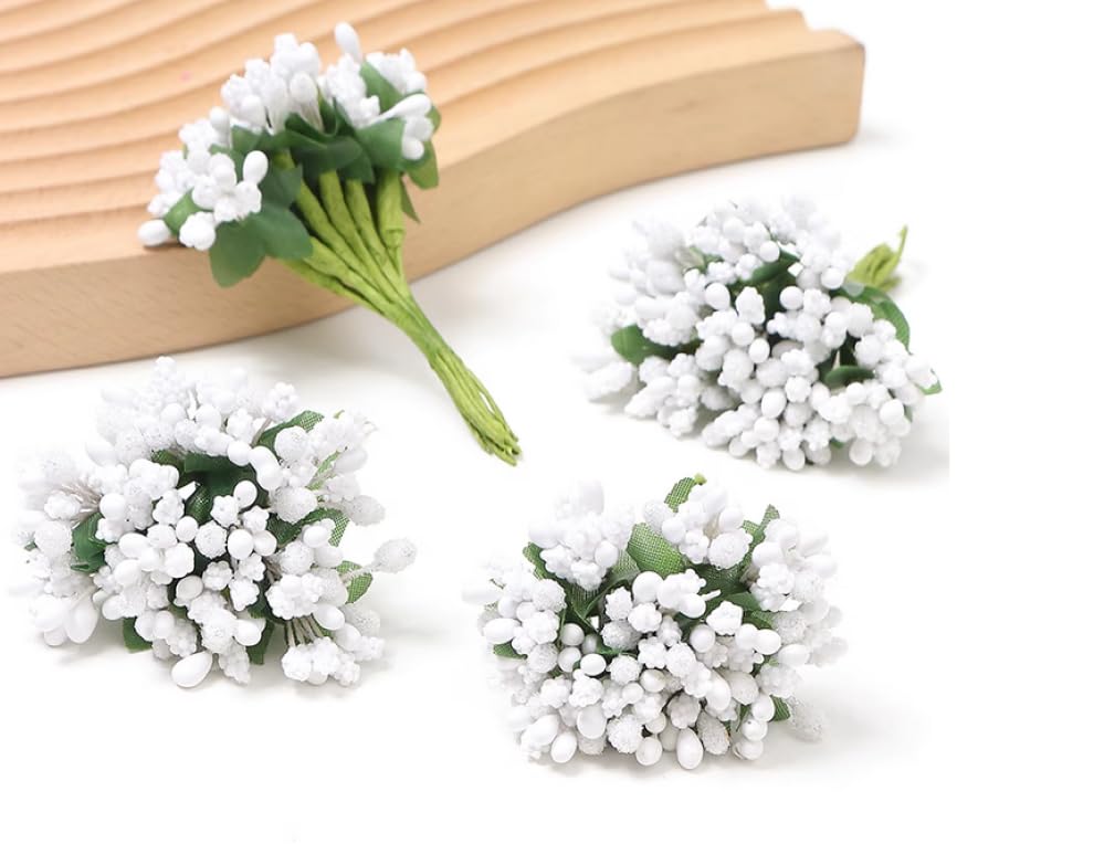 Rikyo Artificial Mini White Flower Stamen Pistil, 144pcs, 20mm | Soft Stem,Tiny Berry for Make Bridal Hair Clips,Cake Top,Wrist Corsage Boutonniere,Candle Rings Wreath Bracelet Flower - color: White