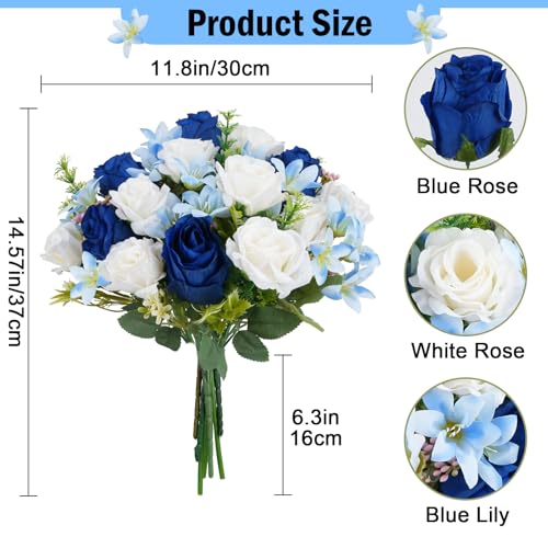 14.57" Blue and White Artificial Flowers Bouquets Fake Silk Roses and Lily Flower Faux Floral Arrangements for Bride Wedding Reception Home Decor Indoor