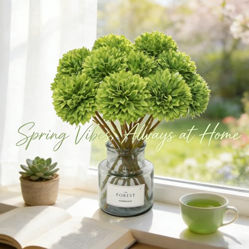 Tinsow 12 pcs Artificial Flowers Green Faux Ball Chrysanthemum Bouquet Flowers Wedding Bouquet for Spring Home Garden Party Wedding Decoration St Patricks Day Table Centerpiece - color: Grass Green