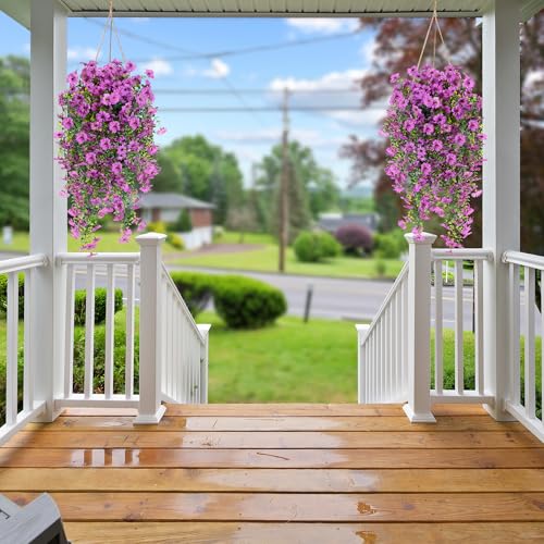 Sggvecsy Artificial Fake Hanging Flowers Plants for Outdoor Outside Spring Summer Decoration 2PCS Faux Silk UV Resistant Realistic Mums Daisy with Eucalyptus for Home Porch Patio Balcony(Magenta) - color: Magenta
