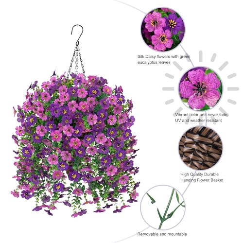 HyeFlora Artificial Hanging Flowers Basket for Outdoor, Fake Flowers Faux Plants Look Real for Yard Gardens Porch Patio Home (Darkpurple+Purple) - color: Darkpurple+purple