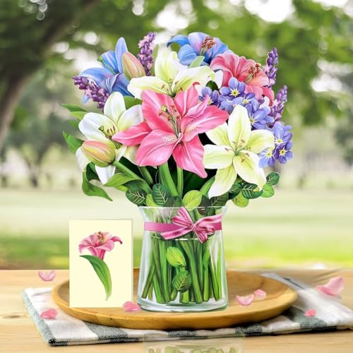 Airpark Pop Up Flower Cards, 3D Paper Flowers Bouquet Birthday Card 12’‘ with Blank Note and Envelope, Mother's Day, Get Well Greeting, Anniversary, Thank You, Easter Gifts Cards for Women Mom, Lillie - style: Lillies & Lupines