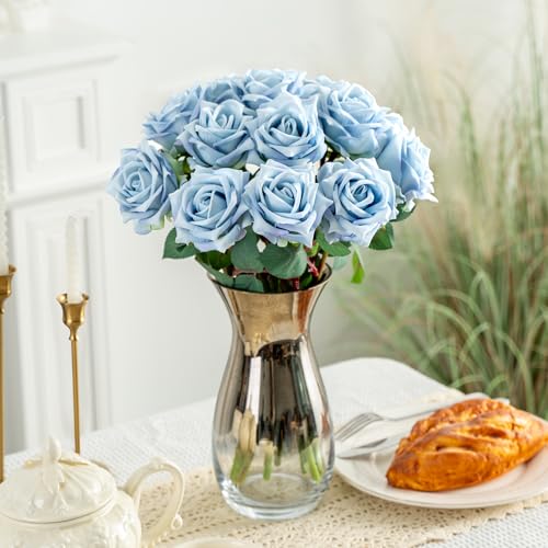 Ttranewsoo Fake Roses Faux Flowers Silk Roses 12PCS Artificial Roses with Stems Realistic Artificial Flowers Suitable for Indoor Home Decoration Diy Bouquet Wedding Decor Party Decoration （Blue）16.5“ - color: Blue 12pcs