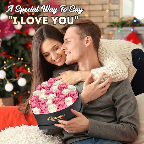 ADDWel Preserved Roses Bouquet for Her Anniversary, Birthday Flower Gifts for Women, 27-Pieces Eternal Roses with Natural Fragrance in Heart-Shape Box for Wife Girlfriend Mom - color: Pink & White - 27 Roses