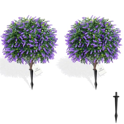 Artificial Topiary Ball Trees with Lavender, 2 Pack Artificial Shrubs Bushes with Ground Spike, Fake Plants for Outdoor Front Porch Decor UV Resistant - color: 2 Pack 23" Lavender