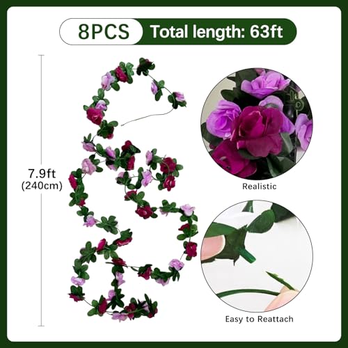 8Pcs 63Ft Purple Rose Garland, Fake Flower Vines, Artificial Vine Flowers, Rose Hanging Garland for Party Wedding, Garden, Room Table, Christmas, Backdrop Wall Arch Decor - color: Purple, size: 8Pcs-63Ft