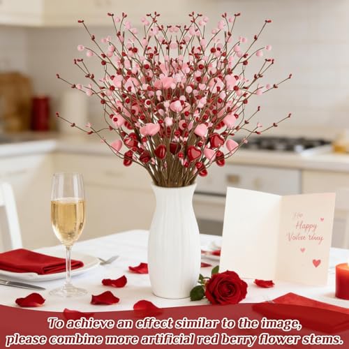 RAINFLOW 6PCS Artificial Red Berry Stems - 16.5" Heart Berry Picks for Vase, Mother's Day Floral Decor Anniversary Wedding Party Centerpieces Pink Spring Home Decor(No Vase)