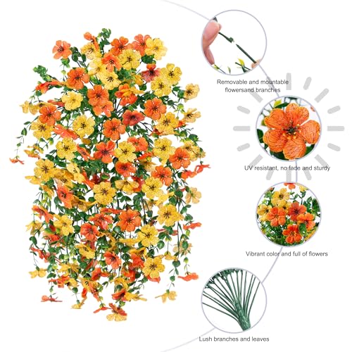 HyeFlora Artificial Flowers for Outdoors Decoration, 2Pcs Fake Hanging Spring Decor, Yellow and Orange Realistic Plants, UV & Fading Resistant Silk Flower for Porch Patio Balcony Planter Yard - color: Orange+yellow