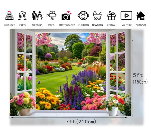 7x5ft Spring Summer Garden Window Backdrop Floral Nature Landscape Photo Background with Blooming Flowers for Portrait Photoshoot, Wedding, Baby Shower, Birthday, Studio Decor 359 - size: 7x5ft