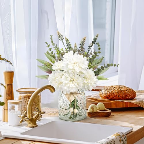 Der Rose Fake Flowers in Vase Silk Artificial White Flowers Arrangements with Glass Vase for Dinning Coffee Table Centerpieces Home Kitchen Farmhouse Wedding Decor - color: White