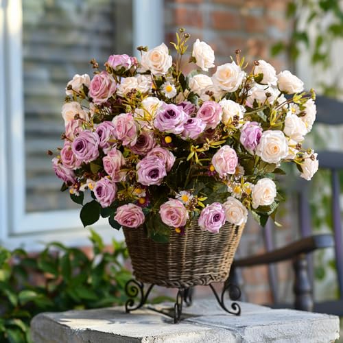 Artificial Rose Flowers for Outdoor 4 Bundles Rose Bouquet with Daisy Faux Flowers UV Resistant for Home Indoor Outside Garden Porch Window Box Balcony Yard Porch Fall Decor (White+Purple) - color: White+purple