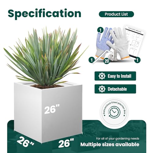 White Steel Planter Square Outdoor Planters Galvanized Steel Planter Box 26 Inch Indoor Metal Large Planters Cube Heavy Duty Planter Modern Commercial Residential for Trees Patio Yard Garden - color: White, size: 26" L x 26" W x 26" H