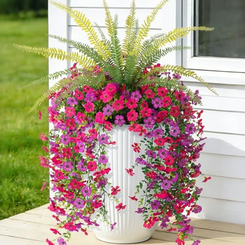 Artificial Fake Hanging Flowers Plants for Outdoor Spring Decoration,3 PCS Faux Silk Daisy with Boston Ferns,UV Resistant Look Real for Outside Home Indoor Planter Porch Patio Balcony Yard Decor - color: Rose Purple
