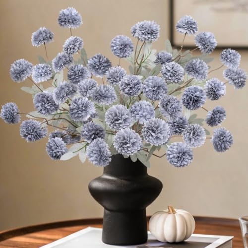 INQCMY Artificial Flowers 12 Pcs Fake Chrysanthemums Faux Kiku Flower Long Stem 20" Realistic Silk Pompon Mums for Vase Wedding Bouquets Centerpieces Home Decor (Haze Blue) - color: Haze Blue