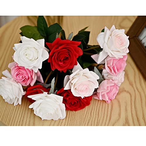 ZMZQ&flw Roses Artificial Flowers 12PCS, White Red Pink Mix Real Touch Silk Flowers, Realistic Single Fake Flower with Individual Stems Leaves - color: Mixed Colors 12pcs