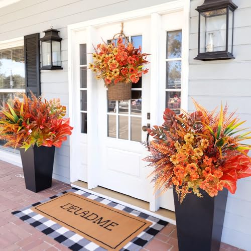 20 Bundles Artificial Fall Flowers for Outdoor Decoration, Fake Plants Faux Mums Flowers UV Resistant Daisy Boston Fern Fall Stems for Autumn Planters Window Box Garden Porch Indoor Home Decor - color: Orange Red