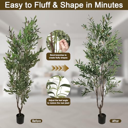 2-Pack Real Touch Faux Olive Tree with 1390 Leaves & 86 Olives, Indoor Potted Fake Plants, Nearly Natural Artificial Plants for Mediterranean Home Decor (Green, 6ft Olive) - size: 6ft Olive