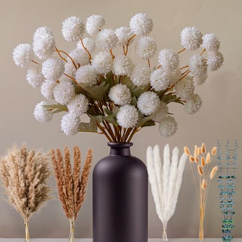 High-End Faux Flower Bouquet with Dried Pampas Grass Decor – Realistic Artificial Flowers Indoor | Faux Peonies, Mums, Ranunculus, Eucalyptus | Dried Floral Arrangements & Vase Fillers for Home Decor - color: White