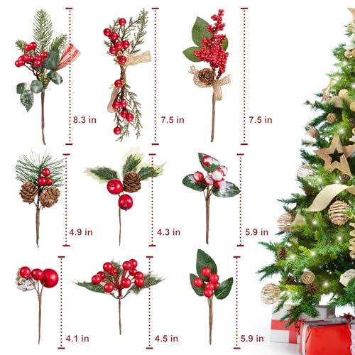 Crafare 15 Pack Small Artificial Christmas Picks 5"-10" Assorted Red Berry Picks Stems Faux Pine Picks Spray with Pinecones for Christmas Floral Arrangement Winter Holiday Season Decoration - size: 5.9in-9in berry stem picks