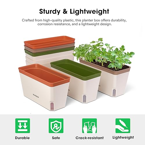 VIVOSUN Self-Watering Planters, 12-Pack 10.5 Inch Compact Rectangular Window Herb Planter Box with 10 PCS Plant Labels, Plant Container for Basil, Flowers, Succulents, Indoor & Outdoor - size: 6 (Pack of 2)