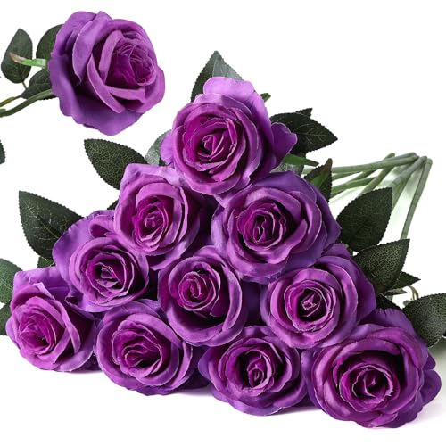 Nubry Artificial Silk Roses, 10Pcs Lifelike Fake Rose Bouquet, Purple Faux Flowers for Home Office Decor, Table Centerpiece, Wedding, Birthday Gift & Anniversary - color: Purple