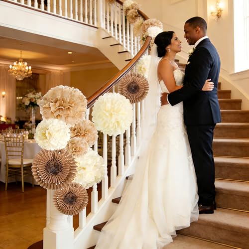 PAPER JAZZ 15 Pcs Wedding Decoration Vintage Beige Pompoms Decoration Brown Paper Fans Boho Party Decoration for Wedding Decoration Birthday Table Decoration Baby Shower - color: Vintage