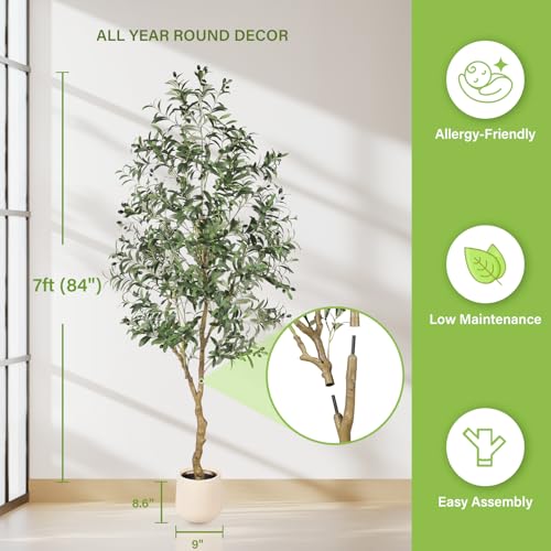 FEELEAD 7ft Olive Trees Artificial Indoor - Tall Faux Olive Tree 7 feet (84") with Pot, Fake Plants Natural Olive Branches and Realistic Leaves Olive Silk Tree for Home Office Decor - size: 7ft