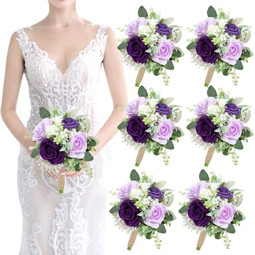 Purple Bridesmaids Bouquets Set of 6 - 7 Inch Artificial Flowers Bridesmaid Bouquet for Wedding Pre-Made Rustic Rose Small Floral Bouquets for Bridal Shower Marriage Proposal Party Anniversary Decor - color: Purple, size: 6pcs