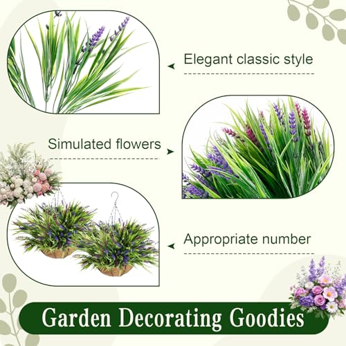 Hotop 2 Pack Outdoor Artificial Lavender Hanging Plants with Basket 16 Bundles UV Resistant Lavender in Coconut Liner Pot Spring Flowers Decor for Porch Patio Home Garden Decor(Light Purple,Purple) - color: Light Purple ,Purple