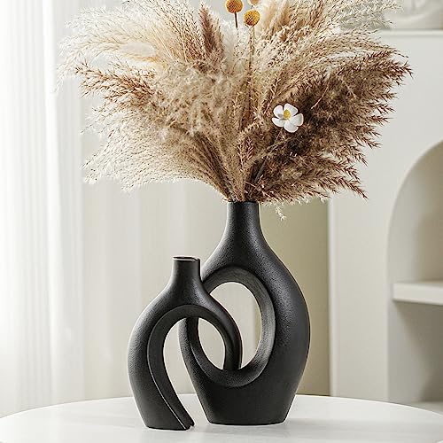 Liotww Extra LargeMatte Black Ceramic Vase Set of 2 Vase for Pampas Grass, Modern Circle Donut Aesthetic Flower Decorative Vases for Nordic Style Boho Home Decor (W 6.8" X H 11") - color: Super Large-matte Black