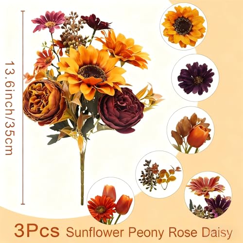 3Pcs Artificial Fall Flowers Faux Mums Sunflower Burgundy Fake Peony Silk Rose Hydrangea Flower for DIY Wedding Bridal Bouquet,Thanksgiving Party Table Centerpieces,Autumn Arrangement Vase Decoration - color: Fall