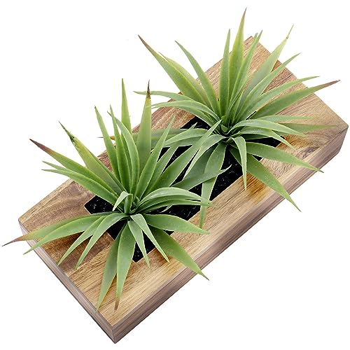 MyGift 10 Inch Artificial Green Grass Plants in Deluxe Acacia Solid Wood Decorative Planter Pot, Faux Greenery in Rectangular Wooden Container - color: Brown, size: 9.5 Inch