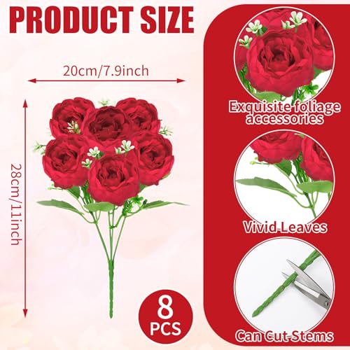 8 Pack Red Peonies Artificial Flowers, Fake Silk Hydrangea Bouquet for Bridal Wedding Home Table Decor Reusable Dining Opening Ceremony Birthday Arrangement Faux Floral - color: Red