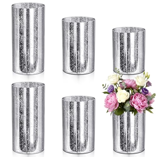 6 Pcs Silver Cylinder Vases for Centerpieces Mercury Vase Hurricane Vase Bulk Acrylic Round Wide Container for Flowers Home Office Wedding Table Decorations (4''/6''/8'') - color: Silver, size: 4''/6''/8''