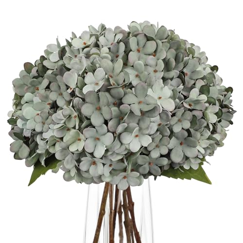 Hollyone 6Pcs Grey Blue Hydrangea Artificial Flowers Faux Real Touch Hydrangeas Silk Flowers with Stem Fake Spring Florals Flower for Home Wedding Table Centerpiece Vase Arrangements Fall Decoration