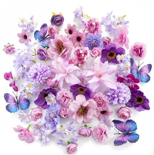 Artificial Flowers Heads Purple Silk Faux Flower Heads Fake Roses Peonies Lily Daisy Flowers Bulk for DIY Craft Cake Wedding Party Bridal Baby Shower Graduation Cap Table Home Decoration - color: Purple