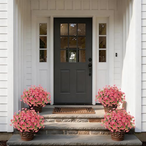 2 Set of Artificial Morning Glory & Eucalyptus Topiary Trees - Faux Silk Flower Potted Plants, UV-Resistant Fake Outdoor Morning Glory Bushes for Front Door, Yard, Farmhouse, Garden Decor (Rose Red) - color: Rose Red