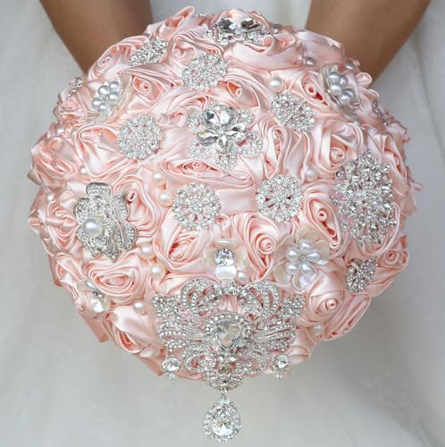 Bridal Wedding Bouquet Round Bling Brooch Bouquet Artificial Rose Flower Bunch for Bride Bridesmaid Wedding Quinceanera(Light Salmon Pink, 9.8") - color: Light Salmon Pink, size: Large (Dia. 9.8"/25cm)