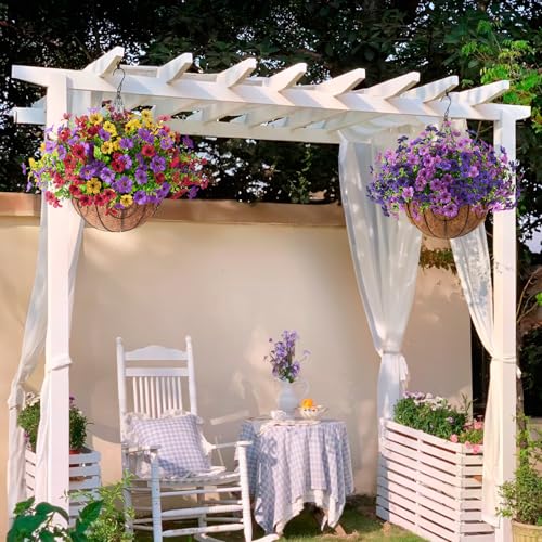 Artificial Faux Hanging Baskets Flowers Plants for Outdoor Spring Decoration, Fake Silk Daisy Outside Indoor UV Resistant Look Real Yard Patio Front Porch Garden Balcony Home Decor(Double Purple) - color: Double Purple