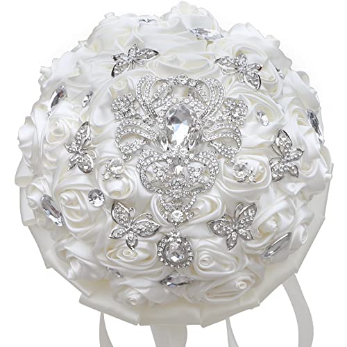 Handmade Brooch Wedding Flowers Bridal Bouquets Crystal Bride Holding Bouquet White Ivory Satin Roses with Diamond Pearl Ribbon (Luxury-White) - color: White