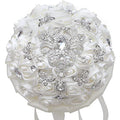 Handmade Brooch Wedding Flowers Bridal Bouquets Crystal Bride Holding Bouquet White Ivory Satin Roses with Diamond Pearl Ribbon (Luxury-White) - color: White