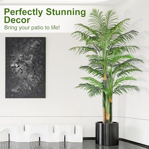 7ft Tall Triple Golden Cane Palm Artificial Tree Large Tropical Palm Tree UV Resistant Fake Plant in Pot for Indoor Outdoor Big House Living Room Outside Patio Office Home Decor 1Pack - size: 7ft