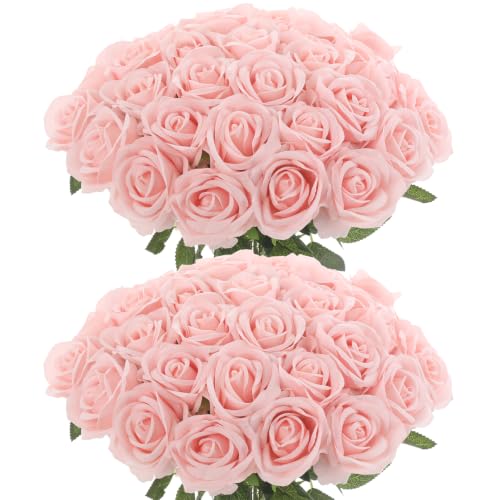 50Pcs Pink Roses Artificial Flowers Fake Rose Faux Velvet Silk Flowers for Home Wedding Decoration (Pearl Roses - Light Pink) - color: Pearl Roses - Pink Light 50p