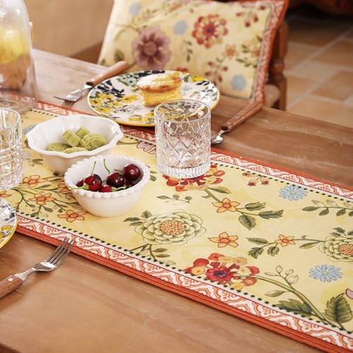 bilin gaier Linen Floral Yellow and Orange Table Runner 63 Inches Long,Wrinkle-Resistant Rustic Farmhouse Decor,Decor Luxury Vintage Runner Table Cloth for Coffee & Dining Table,12"x63"-Bellano - color: Bellano, size: 12"*63"