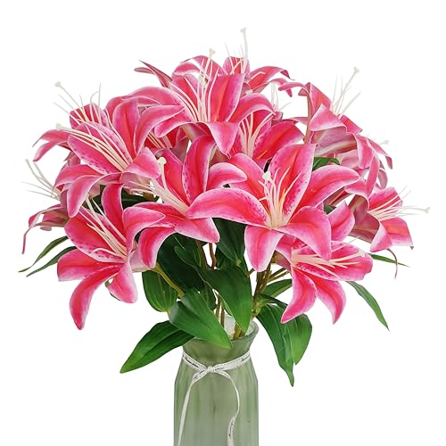 Artificial Lilies Flowers,10Pcs Faux Lily Flower,20''Tiger Lily Branch with 2 Full Blooms , Faux Fake Lilies Plants for Wedding Bouquet Home Party Indoor Floral Arrangements (10, deep pink) - color: Deep Pink