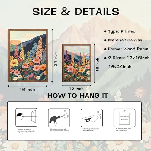 Boho Flower Landscape Wall Art Set of 3, Mountain Wildflower Nature Canvas Prints, Rustic Colorful Daisy Floral Wall Decor for Living Room Bedroom Office Farmhouse Home Decor 24x16In Wood Framed - color: Colorful daisies, size: 24L" x 16W"