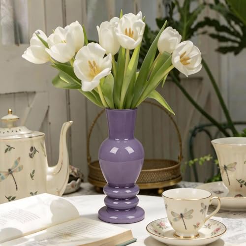 Handmade Glass Vase with Porcelain-Like Finish 8" Roman Column Vase for Flowers Matte Morandi Mother's Day Vase for Modern Home Decor Easter Table Decorations (Lavender) - color: Lavender