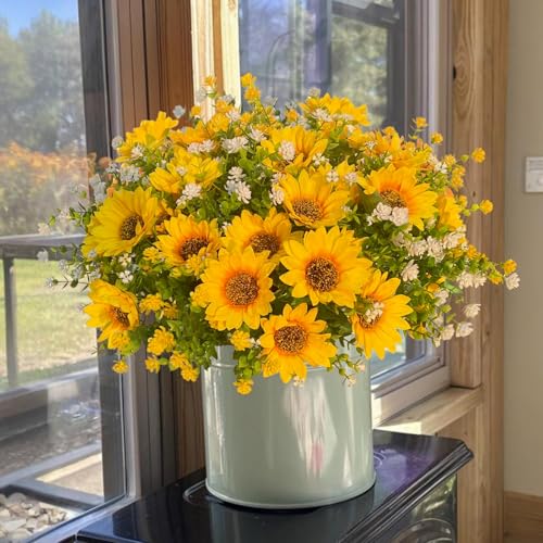 Artificial Sunflowers Faux Flowers Plants for Outdoor Summer Fall Decoration, Fake Silk Realistic UV Resistant Yellow Sun Flowers for Outside Porch Planters Patio, 8 Bundles - color: Yellow