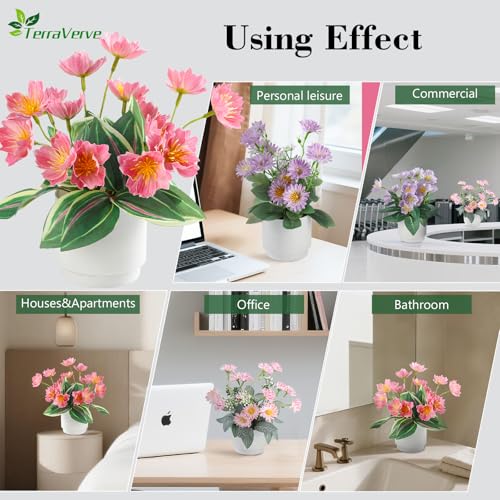 2-Piece Artificial Mums Set & Silk Flowers| Fake Flowers Indoor Planters for Living Room, Bedroom, Bathroom & Office Decor | Boho Style Artificial Plants & Flowers Decor - color: Pale Red
