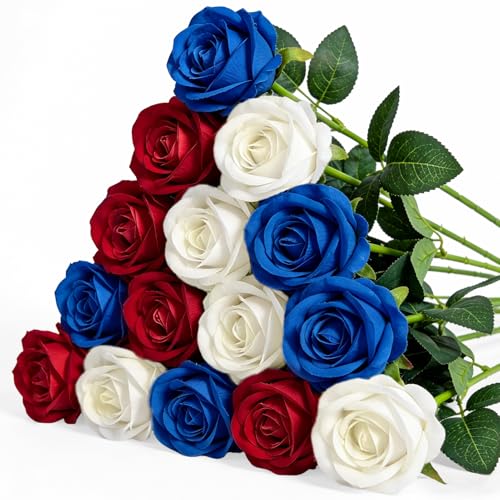 15PCS Red Blue White Artificial Flowers Fake Roses, Silk Artificial Patriotic Flowers with Stems Realistic Bouquets for 4th of July Decorations Independence Day Home Decor Party Crafts DIY - color: Red-blue-white